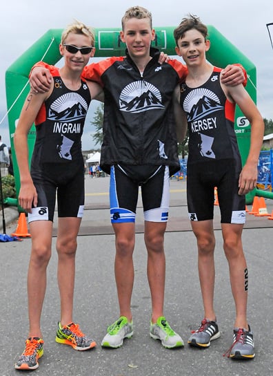 <who>Lorne White/KelownaNow </who>Brock Hoel, centre, of West Kelowna swam, cycled and ran to <br>three individual gold at the B.C.Summer Games in Abbotsford. <br>Summerland's Keegan Ingram, left, took the silver in the triathlon <br>while Braden Kersey of Vernon claimed the bronze.