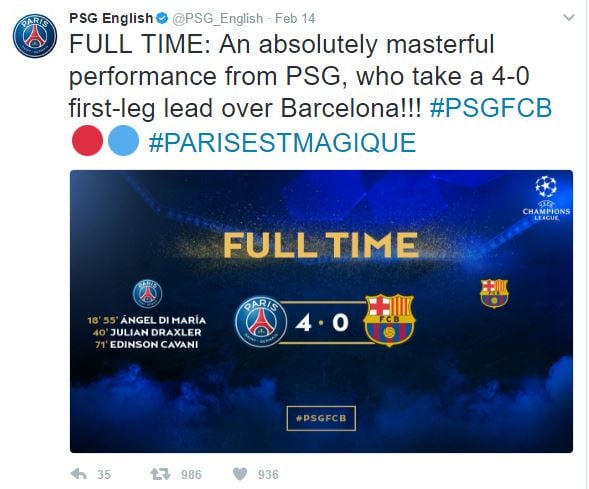 <who>Photo Credit: Paris St. Germain on Twitter</who>PSG was feeling confident, and rightfully so, after a masterful first-leg performance on Valentine's Day.