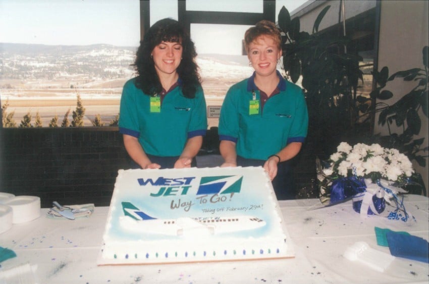 </who>This photo was taken Feb. 29, 1996, the first day WestJet started flying in and out of Kelowna airport. The inaugural Kelowna employees, or WestJetters, as they preferred to be called, with the cake are Carol McRae and Carmen Prive.