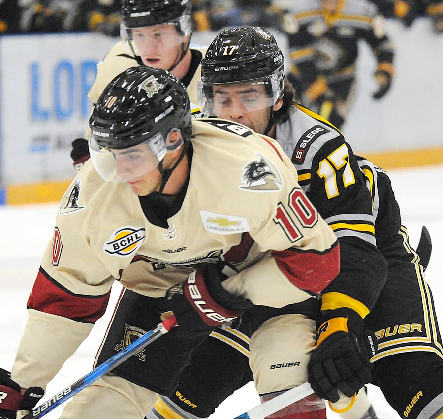 <who>Photo Credit: Lorne White/KelownaNow </who>Marty Westhaver, right, defending against the Warriors' Max Bulawka, scored the tying and winning goal for the Victoria Grizzlies.
