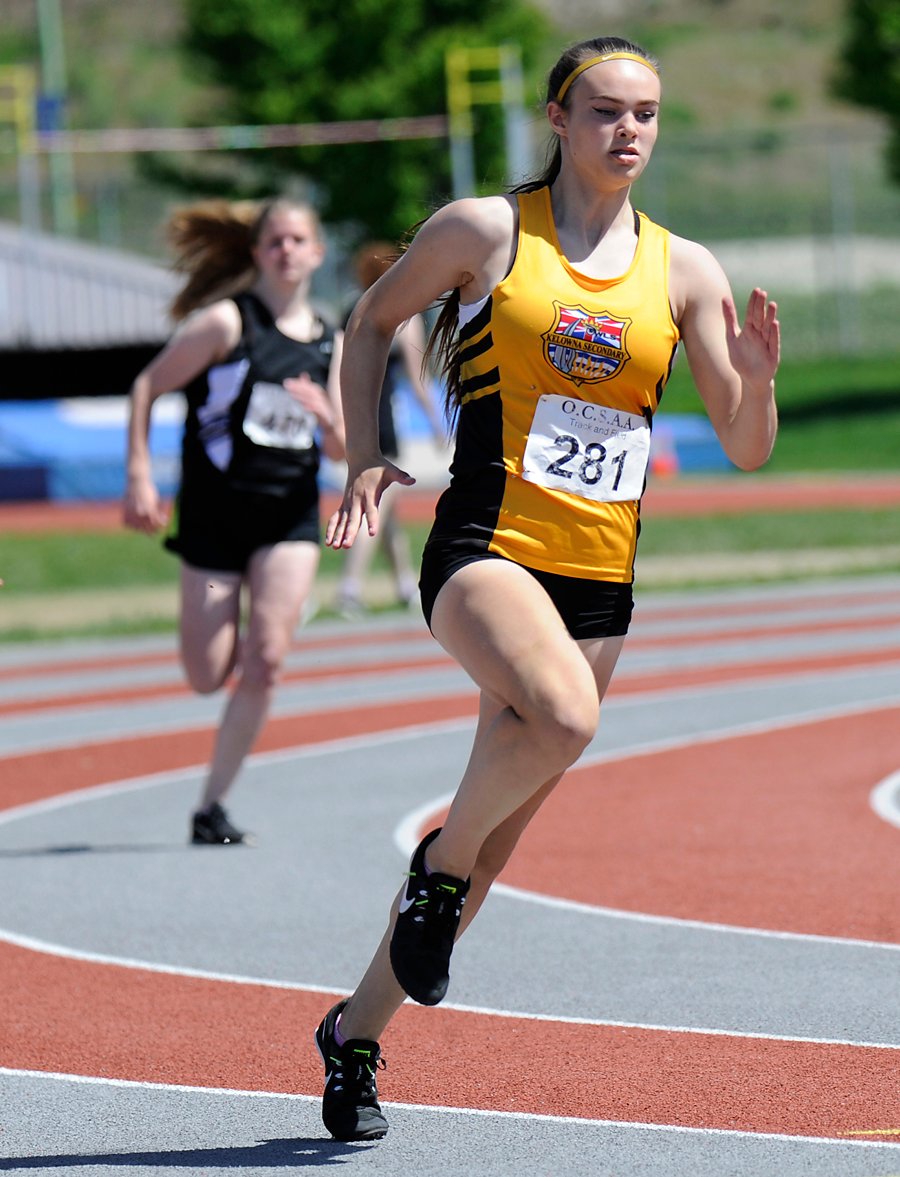 <who>Photo Credit: Lorne White/KelownaNow </who>Kelowna Secondary's Emma Cannan ran to three wins and tied a Valley record in the 100 metres.