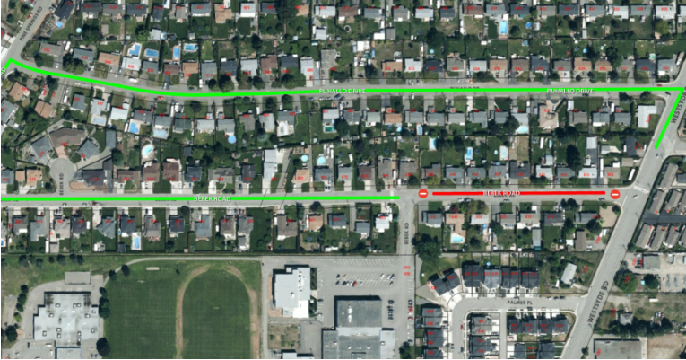 <who> Photo Credit: City of Kamloops </who> Closures near Westsyde Secondary School that began in June.