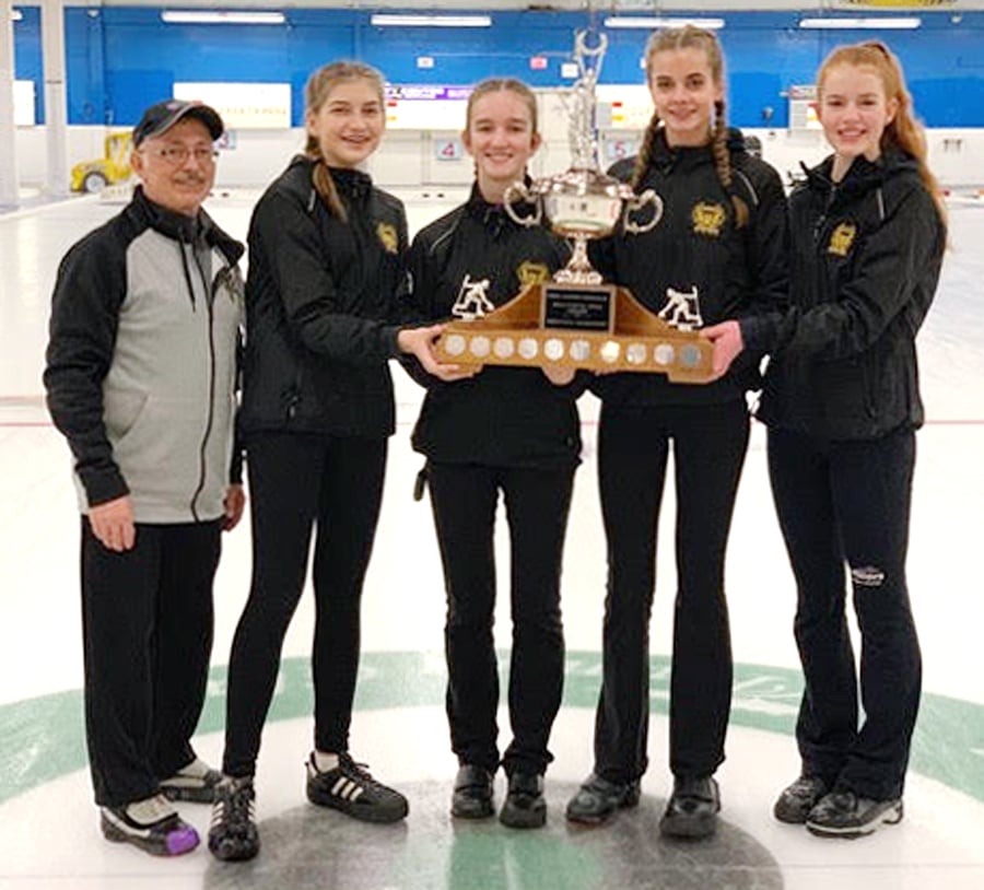 <who>Photo Credit: Contributed </who>The KSS Owls were undefeated in five games on the way to winning the Okanagan Valley championship in Kamloops. Members of the team representing the Thompson-Okanagan at the B.C. School Sports provincial championship are, from left, coach Bob Harris, Vivian Schmeekle, Megan Sergerie, Erika Ellis, and Katelyn McGillivray (skip).