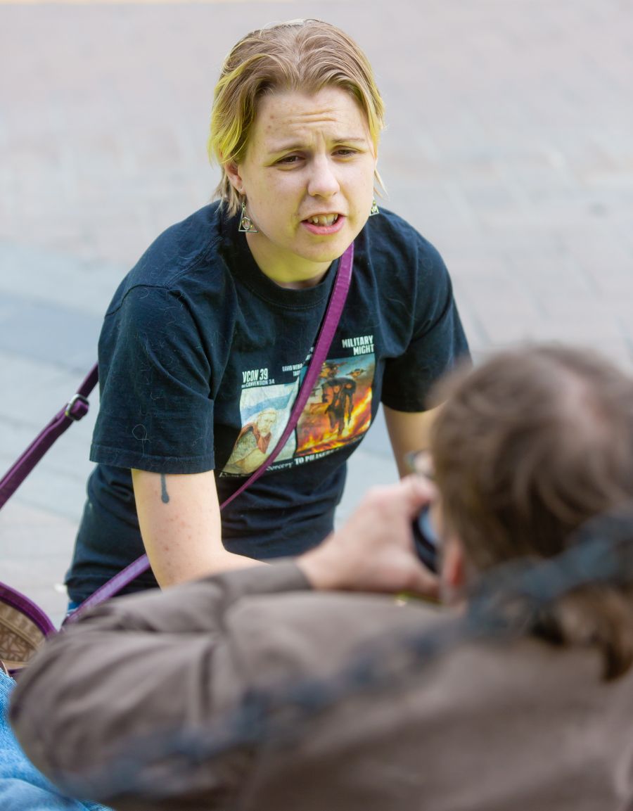 <who>Photo Credit: NowMedia</who> Sankey at a 2019 Nanaimo Square sit-in