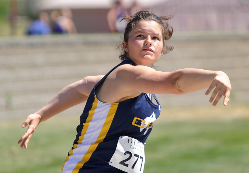 <who>Photo Credit: Lorne White/KelownaNow </who>OKM's Noemi Stroda won the senior shot put event and finished third in the discus.