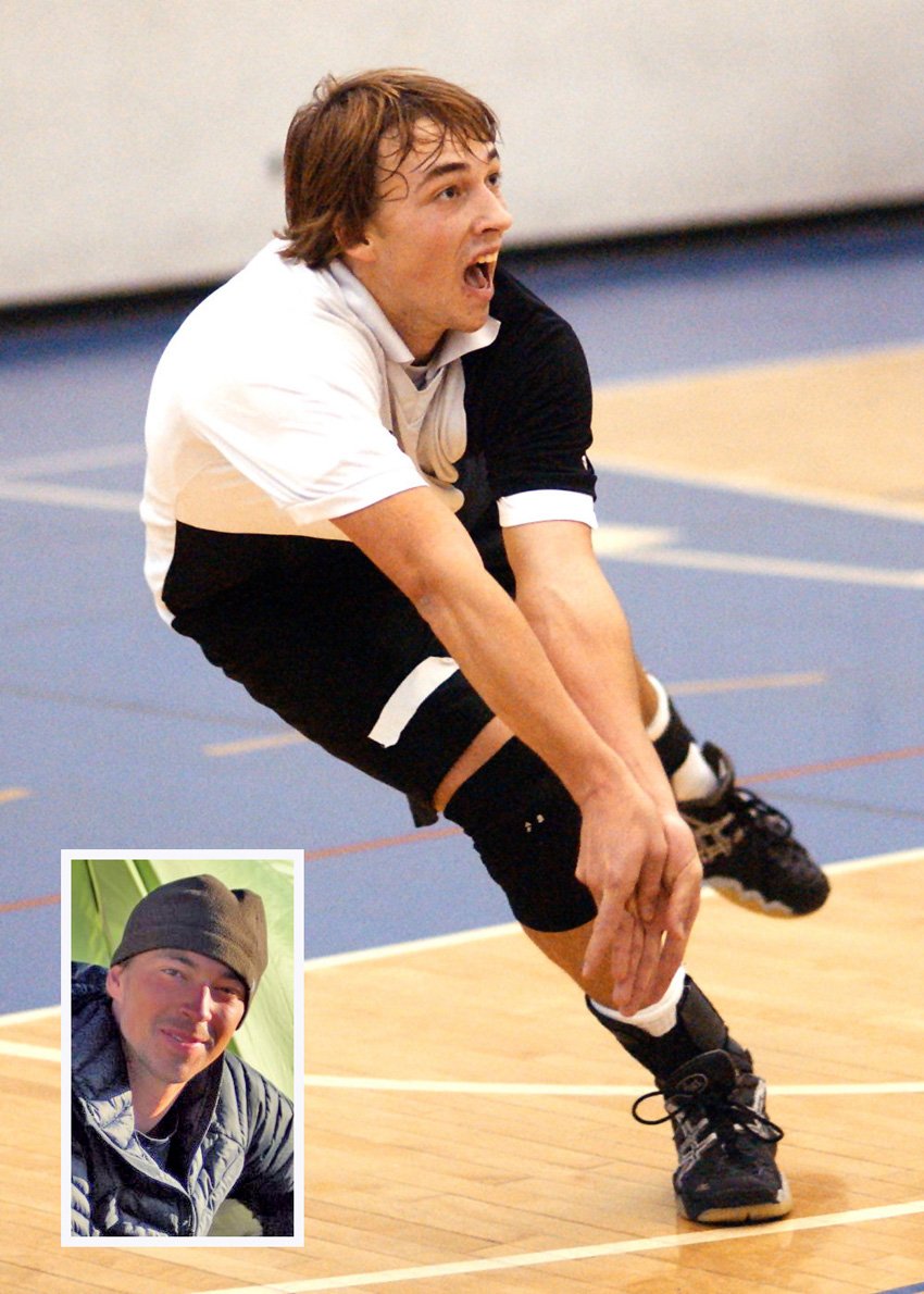 <who>Photo Credit: Lorne White/KelownaNow </who>Todd Van der Star of the George Elliot Coyotes goes for a dig during the 2006 B.C. senior boys volleyball championship tournament in Kelowna. Inset: Todd in Salmo, B.C. He founded Salmo Physio in 2015. He "loves to brew beer, mountain bike, backcountry ski and climb mountains." Basically, if it involves sliding, riding, climbing or hiking around on mountains … he’s game.