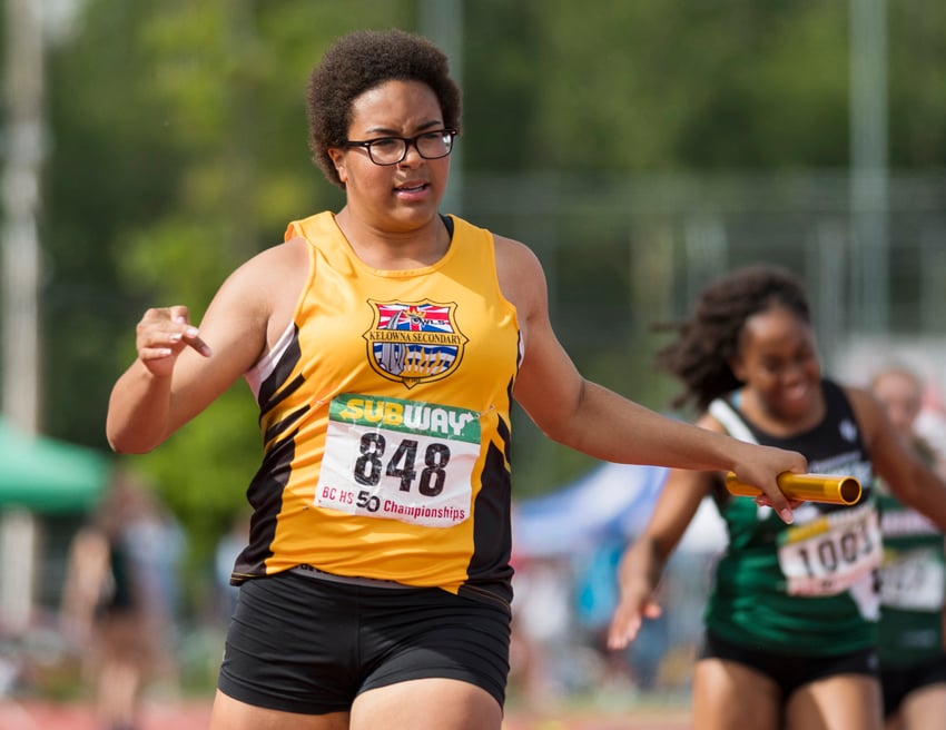 <who>Photo Credit: Wilson Wong/UBC Thunderbirds </who>Kenaysha Lyder anchored the KSS Owls' gold-medal 4x100 relay team at the provincial meet in Langley.