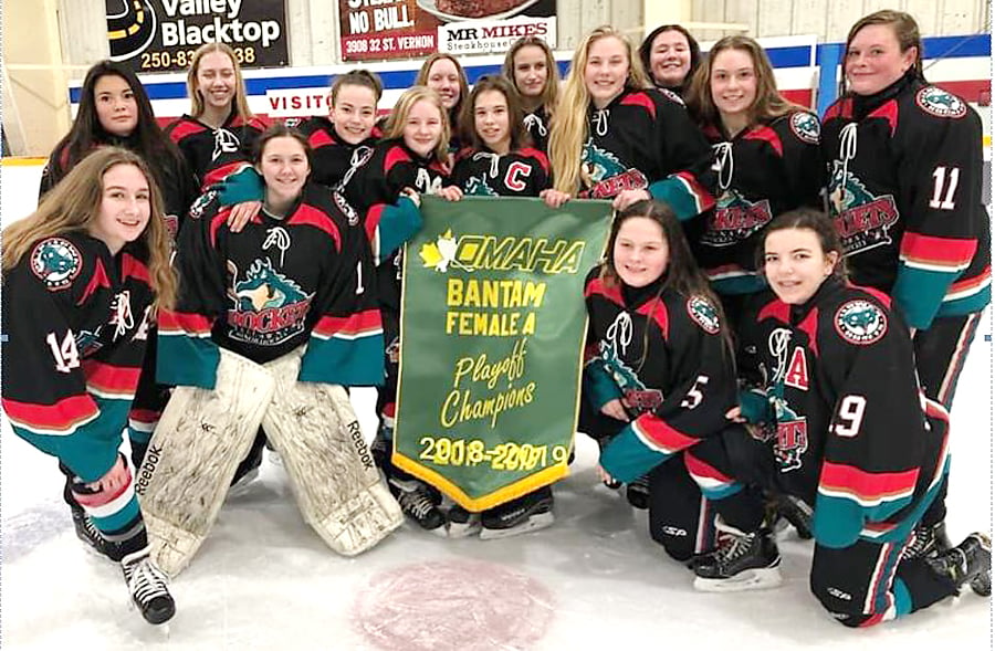 <who>Photo Credit: Contributed </who>The Kelowna Female Bantam A Rockets will be in Coquitlam this week for the BC Hockey provincial championship tournament. Members of the OMAHA-champion Rockets are, from left, front: Ava Petty, Tyra Cunningham, Sydney Munro and Tyra Rocha. Back: Kenzie Miller, Sydney Roberts, Sydney Mintz, Emma Chater, Kaelin Foster, Cara Leone, Brooklynn Walters, Avery King, Ava Halperin, Bryn England and Jozn Wickert. Missing: Kylee Prentice. Coaches: Sylvain Leone (head coach), Kevin England, Tanya Leone and Paul Chater (assistant coaches).