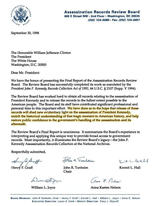 <who> Photo Credit: Archives.gov </who> 1998 Letter of Transmittal to President Clinton from the Assassination Records Review Board