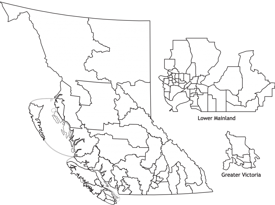 </who> A map of BC's electoral ridings. 