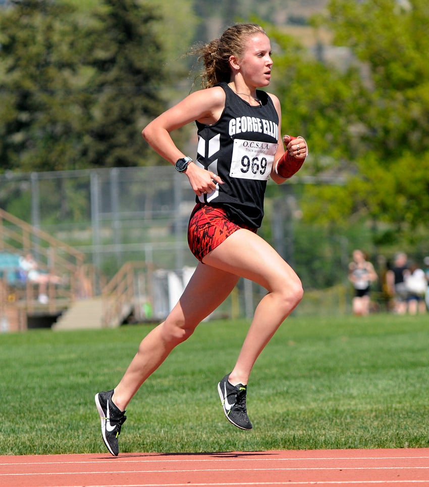 <who>Photo Credit: Lorne White/KelownaNow </who>George Elliot Secondary School's Taryn O'Neill ran to a pair of Okanagan Valley track records on Tuesday.