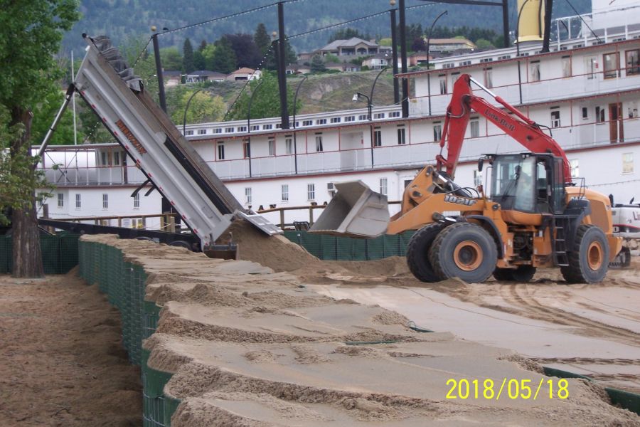 <who>Photo Credit: City of Penticton </who>The massive amounts of sandbags and sand used to fill gabion baskets along the shore of Okanagan Lake in Penticton will be removed next week, the City announced Friday.