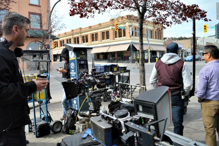<who> Photo Credit: KamloopsBCNow </who> Film crews preparing to shoot in downtown Kamloops.