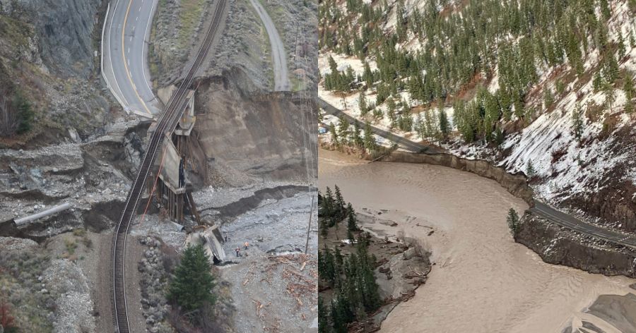 <who>Photo Credit: Government of BC</who>Significant damage to Hwy 1 (L) and Hwy 8 surrounding Spence's Bridge.