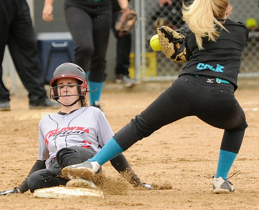 <who>Photo Credit: Lorne White/KelownaNow </who>The Heat's Racquel Bennett is stepped on by a Prince George infielder while sliding into second base. Bennett had to leave the game with a sprained ankle.