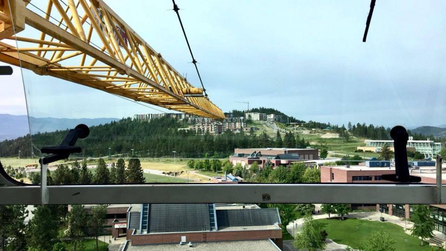 <who> Photo Credit: Dakota Dulyk. </who> A great view from Dakota Dulyk's office, which is a tower crane placed at the site of U-Two at the UBCO campus.