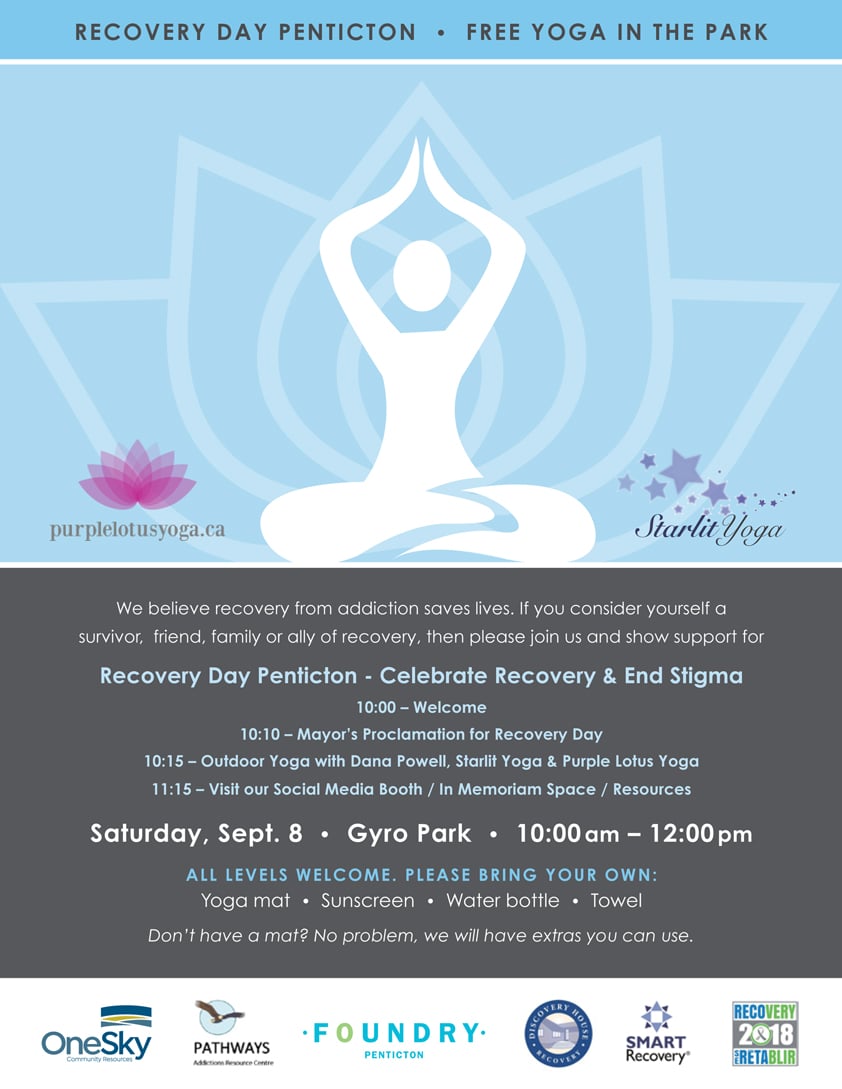 <who>Photo Credit: Contributed </who>The City of Penticton will be one of 30 in Canada holding Recovery Day events. This year's event will take place in Gyro Park on Saturday morning beginning at 10 a.m. The highlight will be a Yoga in the Park celebration.