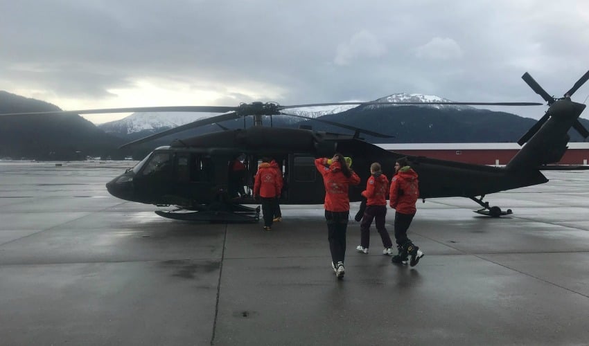 <who> Photo Credit: Facebook Juneau Mountain Rescue </who> The search group heads up for another pass on March 11, 2018.
