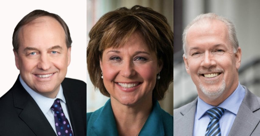 <who> Photo Credit: Facebook. </who> Left to right: Leaders of the Green, Liberal and NDP parties.