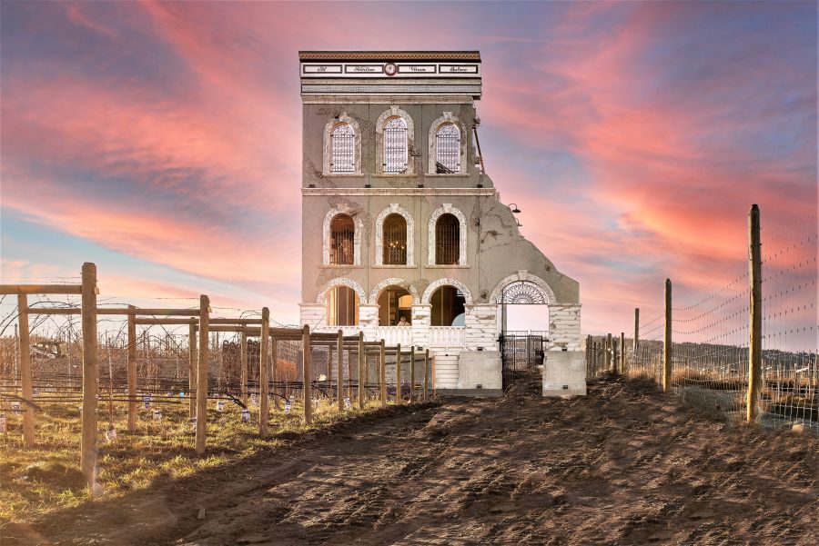 <who>Photo credit: Nicole Richard </who>The four-storey facade of Crown & Thieves Winery in West Kelowna is new, but made to look like the crumbling remains of a 400-year-old castle.