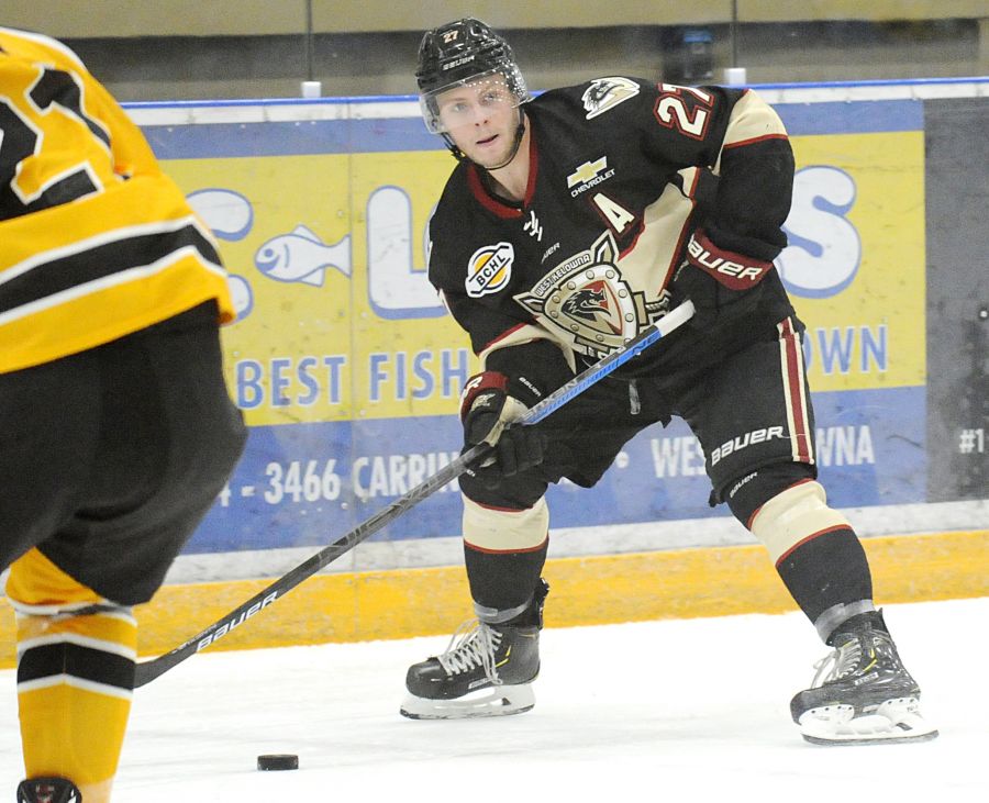 Lucas Cullen looks for a linemate while skating down the right wing in the first period. Cullen scored his eighth goal of the season in the third period.