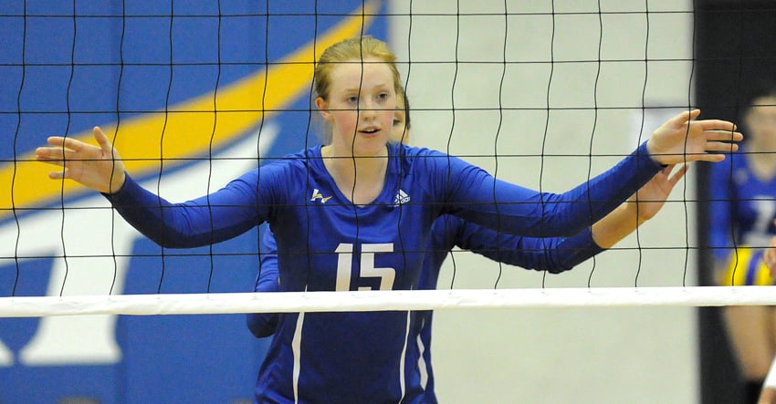 <who> Photo Credit: Lorne White/KelownaNow.com. </who>Erin Drew led the team with seven blocks, but it wasn't enough in a 3-2 loss to the No. 1 Trinity Western Spartans.