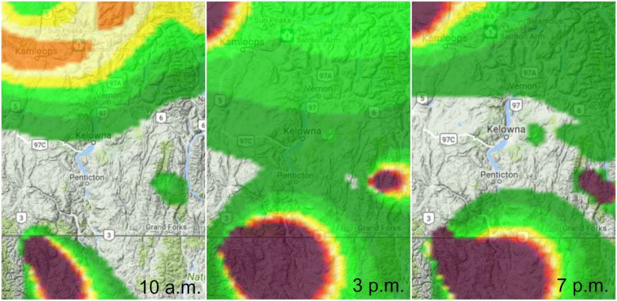 The smoke forecast for 10 a.m., 3 p.m. and 7 p.m. on Thursday.
