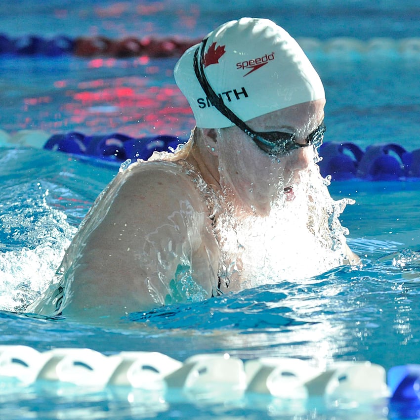 <who>Photo Credit: Lorne White/KelownaNow.com </who>Part of Smith's training was swimming with world gold medalist, Kanako Watanabe of Japan.