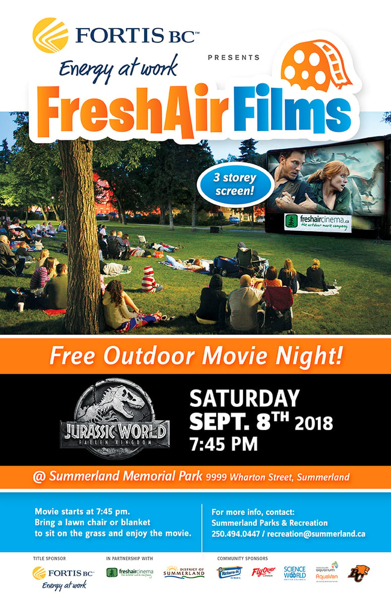 <who>Photo Credit: Contributed </who>The District of Summerland and FortisBC have joined to sponsor the Outdoor Movie Night in Memorial Park in downtown Summerrland Saturday evening. The movie Jurassic World: Fallen Kingdom will be shown on the big screen.