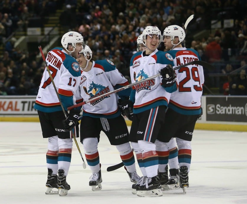 <who>Photo Credit: KelownaNow</who>Rodney Southam, Kole Lind and the rest of the Rockets were in Nick McBride's ear all game long.