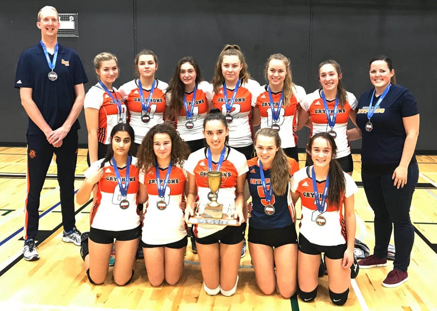 <who>Photo Credit: Contributed </who>The Aberdeen Gryphons of Kelowna posted several upsets on the way to winning a silver medal at the B.C. School Sports senior A girls volleyball championship in Nanaimo on the weekend. Members of the team are, from left, front: Dilan Sidhu, Mya Gilbert, Jaeda Yurkiw, Hayley Zandee and Sydney Kolodziej. Back; Taylor Verboom (coach), Charlotte Benitz, Emmeline Oxtoby, Skye Neale, Kirsten O'Neil, Kaley Krivoshein and Sierra Kolodziej. 
