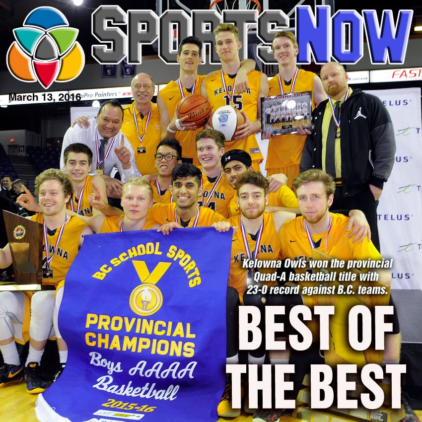 <who>Photo Credit/Cover Design: Lorne White/KelownaNow.com </who>The Kelowna Owls with all the trappings of a B.C. High School Basketball Association Quad-A championship. Members of the team, coached by Harry Parmer, Brad Heuser and Quintin Thiessen are, Colin McGrath, Weng Leong, Gavin Saini, Nav Sandhu, Davide Ciancio, Parker Simson, Matt Lafontaine, Darren Hait, Mason Bourcier, Spencer Braam, Grant Shephard and Owen Keyes.