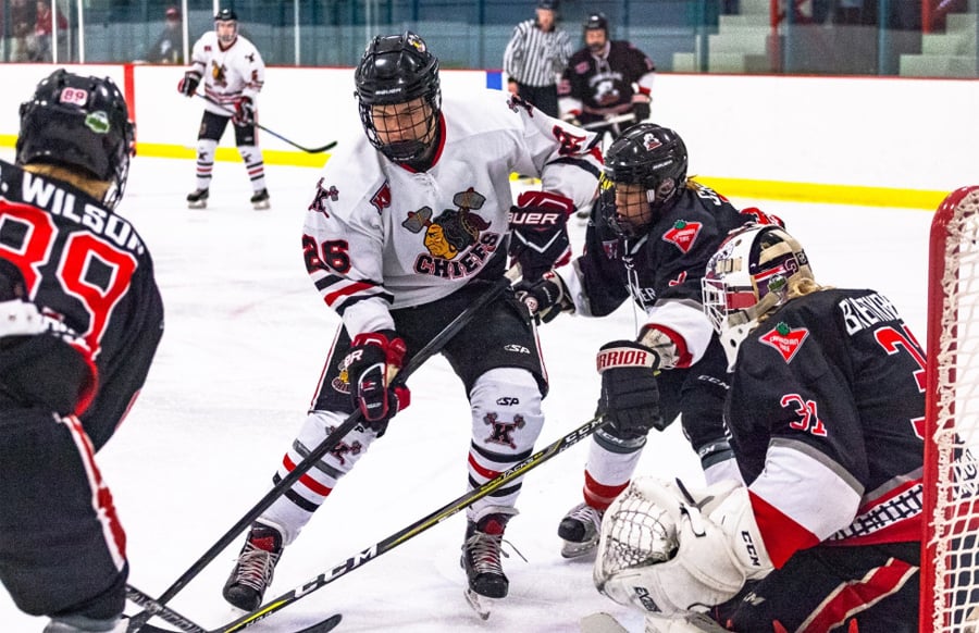 The Kelowna Chiefs Kaden Stewart skates into traffic around the Summerland net in Game 5.