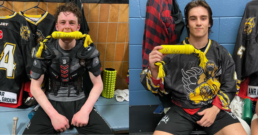 <who> Photo Credit: Contributed </who> The newly formed Kelowna Kodiaks institute a tradition where after every game, a 'top dog' award is given out. Left is Colten Wasylenko and right is Robbie Paialunga..