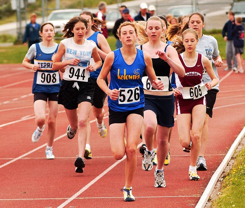 <who>Photo Credit: Lorne White/KelownaNow </who>Teegan Schoch of the Kelowna Track and Field Club leads a pack of 1,500-metre runners during a race in 2004. She went on to run for the University of Idaho and later with Iona College in New Rochelle, N.Y.
