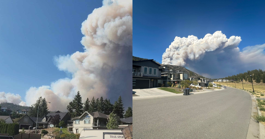 <who> Photo Credit: NowMedia </who> View of the McDougall Creek fire from Rose Valley (L) and Tallus Ridge (R).