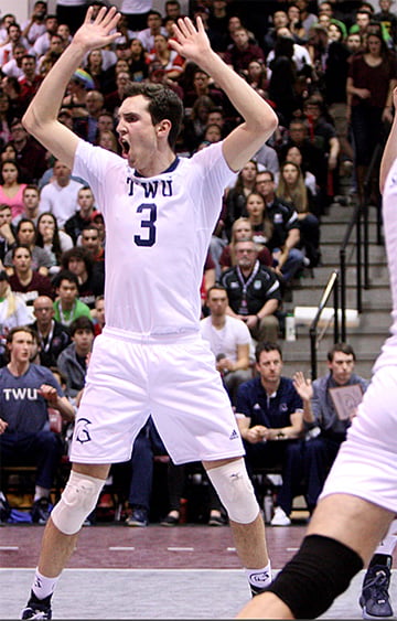 <who> Photo Credit: CIS </who>Scott Plocktis, a MBSS grad, celebrates TWU point in CIS final.