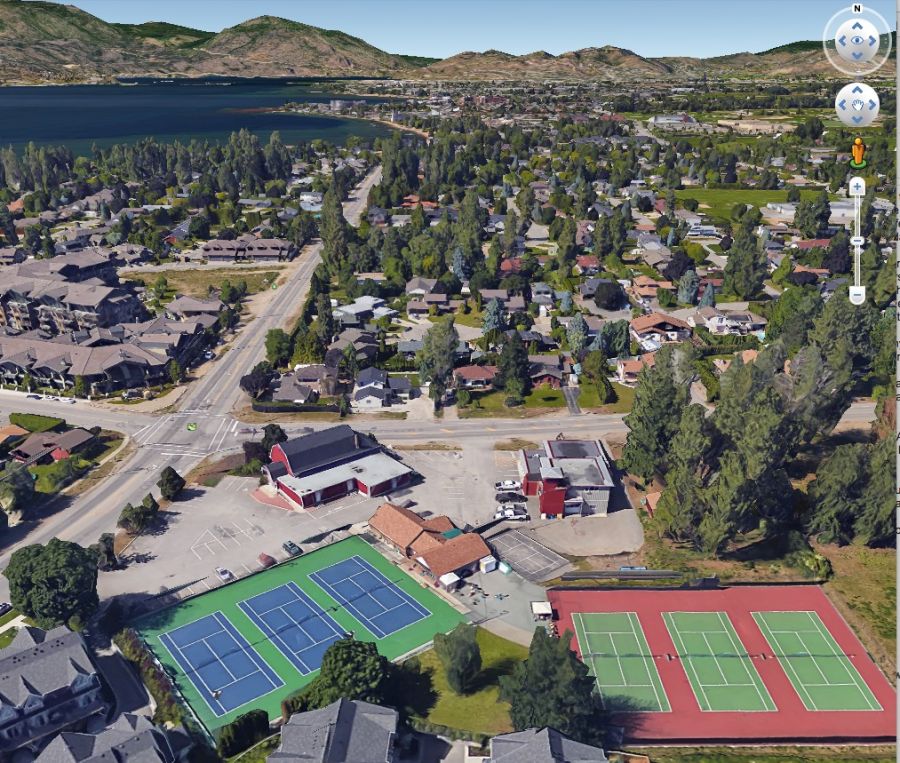 <who> Photo Credit: Google Earth </who> Bird's eye view of the Okanagan Mission Tennis Club