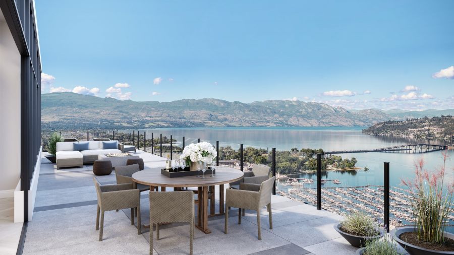 </who>The 2,600 square feet of exterior living space soaks in panoramic views of Okanagan Lake, mountains and Kelowna's cityscape.