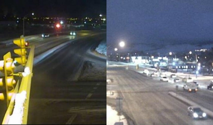 <who> Photo Credit: BC Highway Cams </who> L to R: Halston Ave in Kamloops, looking west and Highway 33 and 97 in Kelowna.