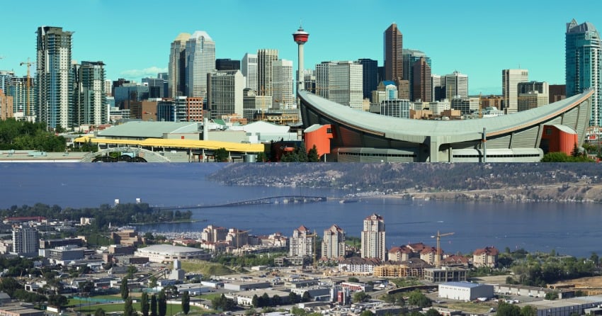 <who> Photo Credit: Flickr. </who> Calgary (top) has 1.2 million residents versus Kelowna (bottom) which has 194,000 residents.