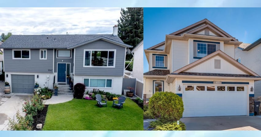 </who>The benchmark selling price of a typical single-family home in Kelowna is $1,060,000 (pictured, left) and in Calgary it's $643,000 (pictured, right).