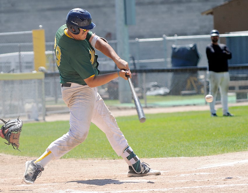 <who>Photo Credit: Lorne White/KelownaNow </who>Alex Wright hit his league-leading seventh and eighth home runs of the season for the A's.