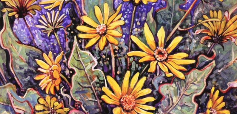 </who>This painting of Okanagan sunflowers by Jo Scott-B hands in the third floor reception area of Kelowna City Hall.