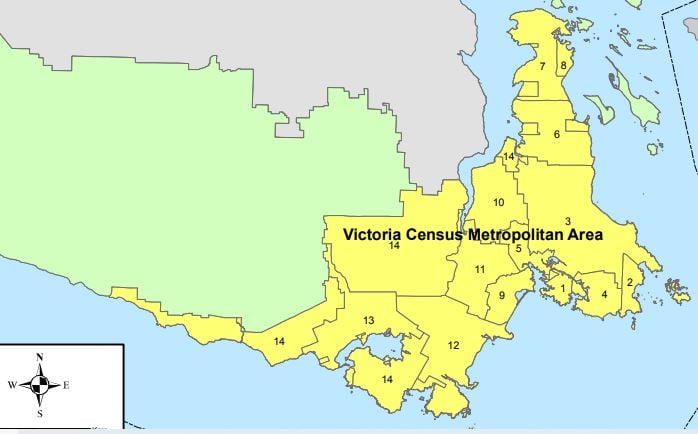 </who>The Victoria census metropolitan area includes the City of Victoria and 12 surrounding municipalities.