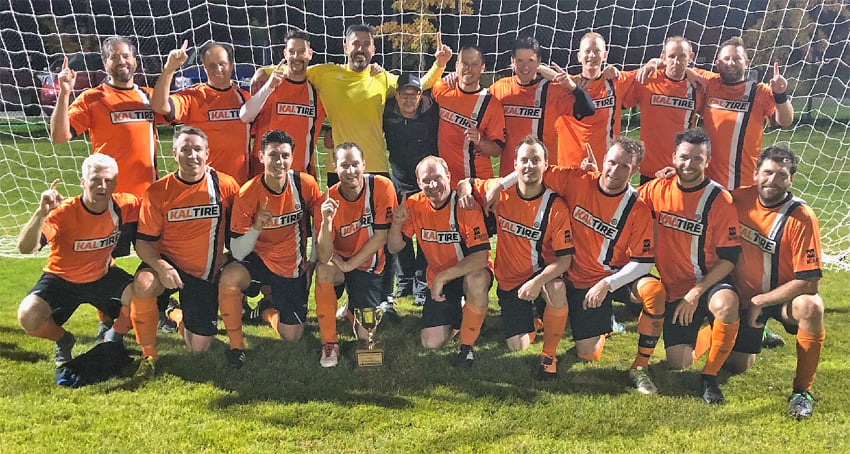 A 2-1 victory over the Penticton FC Masters earned the Kal Tire FC of Vernon the KMSL's 2018 over-35 championship at Beasley Fields. Members of the winning team are from left, front: Jeff Nice, Chad Bennett, Anthony Vassallo, Jesse Knight, Tim McGowan, Glenn Allan, Brent Poulsen, Chris Ovens and David Dobernigg. Back: Darren Nobrega, Mark Budgen, Tyler Johnson, Mark Zaino, Jason Roycroft, Ryan Sharp, Rodney Goodchild, Kevin Lynes, Damien Adams and Robert Rose. Missing: Andrew Stein, David Broadhurst, Pedro Garro, Stefan Depner and Tyler Fulljames.