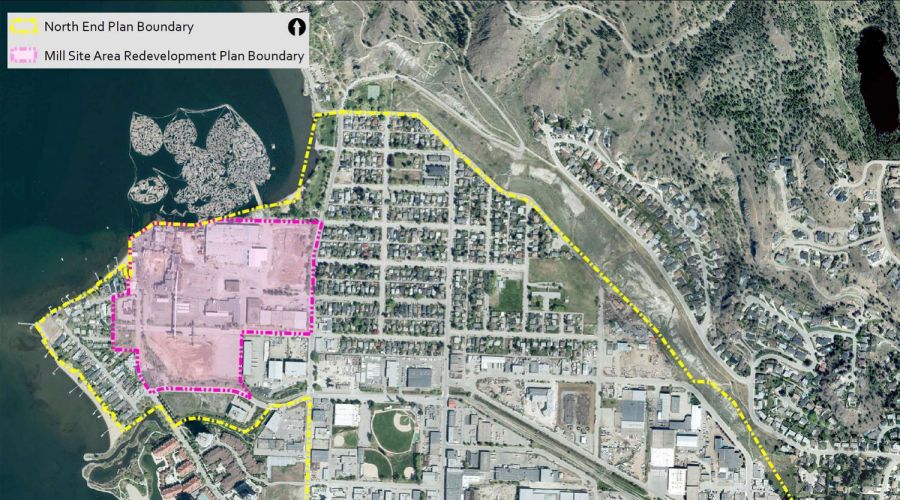 </who>This aerial photo shows the boundaries of the Kelowna Mill Site (in pink) and the North End Neighbourhood Plan (in yellow).