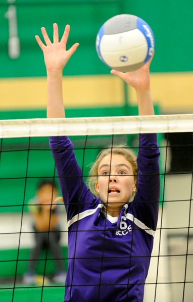 <who>Photo Credit: Lorne White/KelownaNow </who>KCS Knights middle blocker Victoria Schriemer