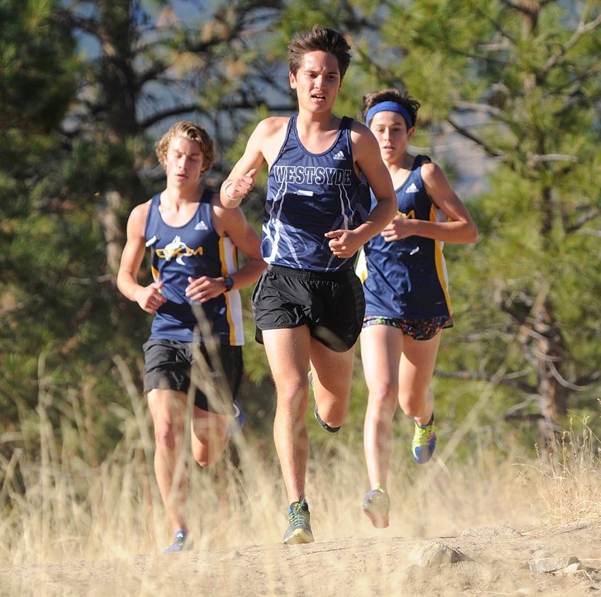 <who>Photo Credit: Lorne White/KelownaNow </who>Logan Hwang of Kamloops, foreground, finished third in the senior race, while Turner Woodroff, left, and Jacob Harris of OKM placed second and fourth respectively.