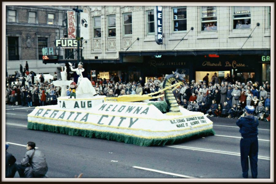 <who>Photo credit: Old Kelowna </who> Kelowna's float from the 1958 Grey Cup Parade in Vancouver